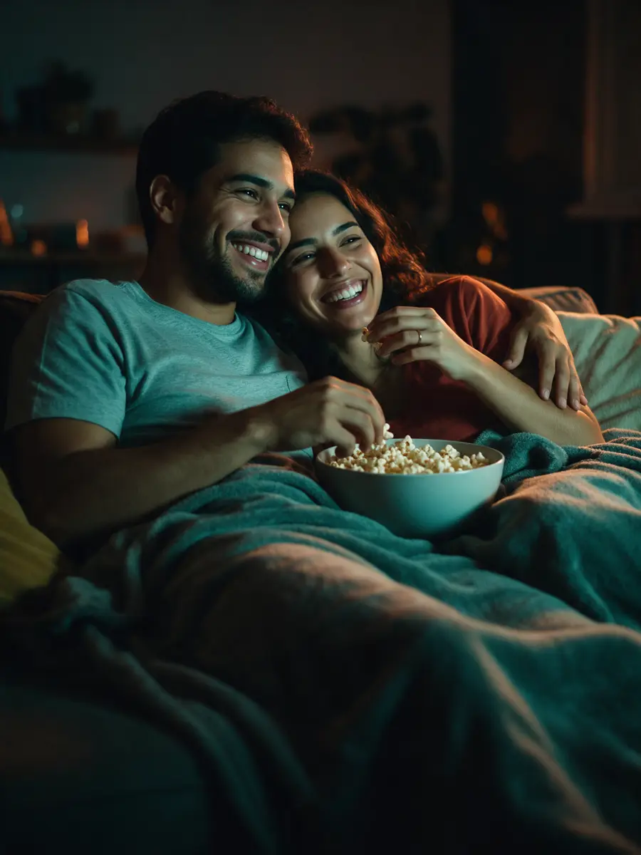 Casal dividindo pipoca enquanto assiste a um filme no sofá