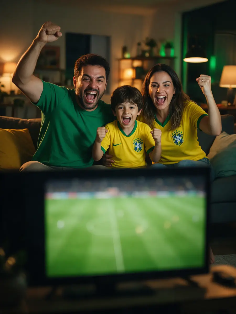 Família comemorando um gol assistindo futebol ao vivo na TV da sala