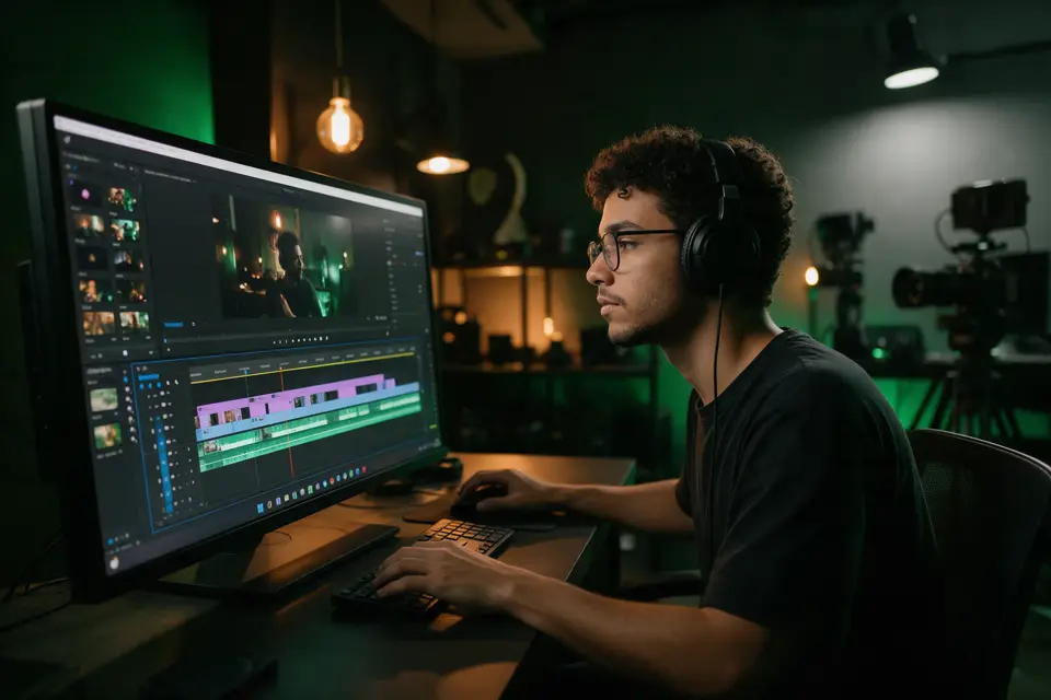 Editor de vídeo em estúdio de produtora