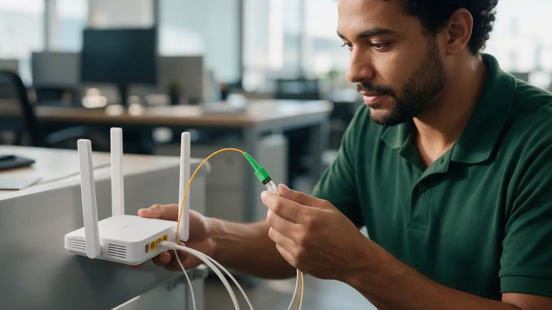 Técnico conectando o cabo de fibra óptica ao roteador Wi-Fi 6