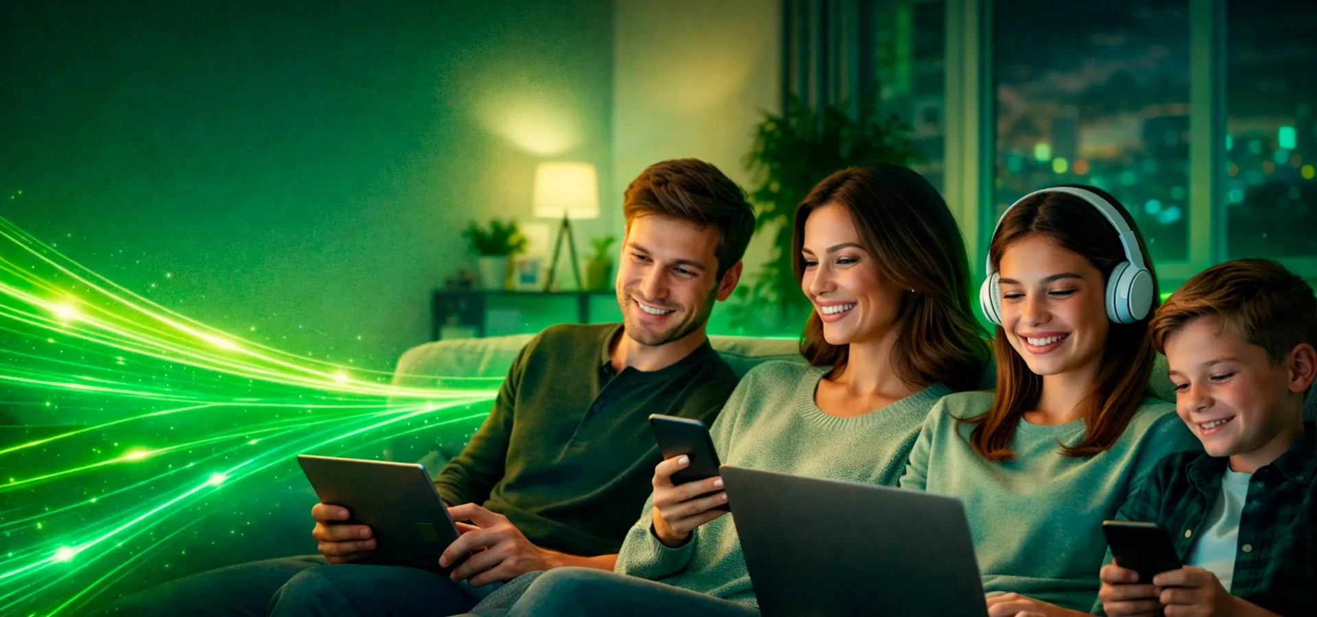 Família no sofá usando celular, tablet e notebook conectados à internet fibra da Link Giga