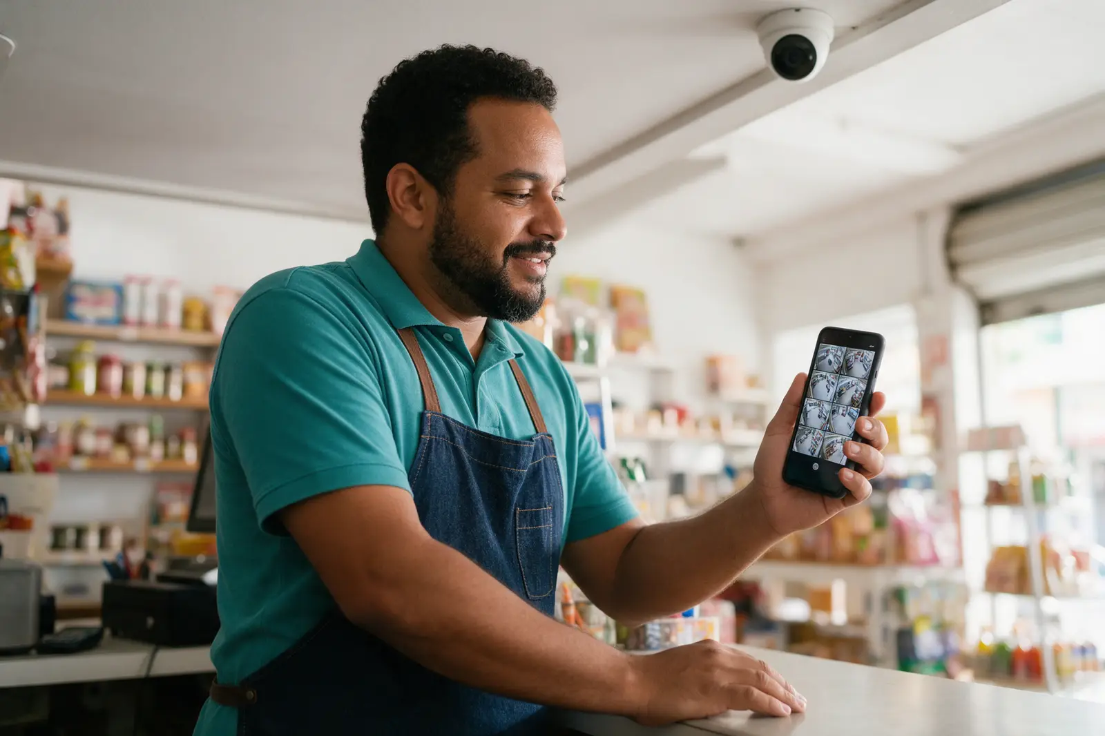 Comerciante acompanhando as câmeras de segurança da loja pelo celular