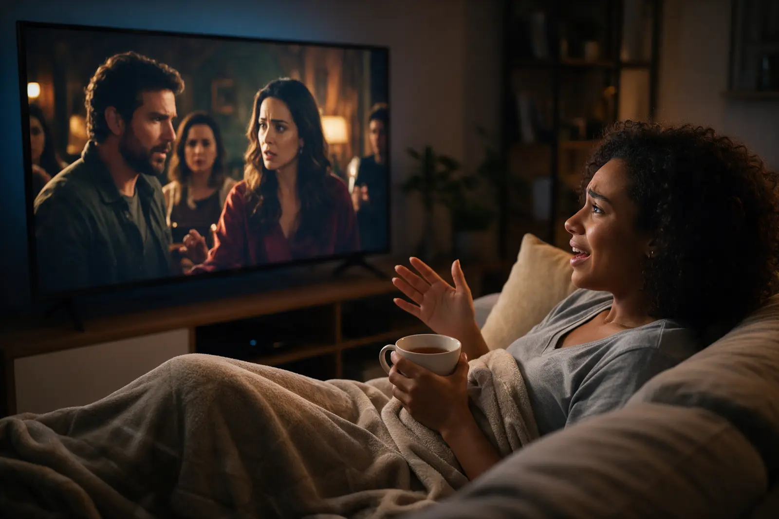 Mulher no sofá assistindo a uma série na smart TV