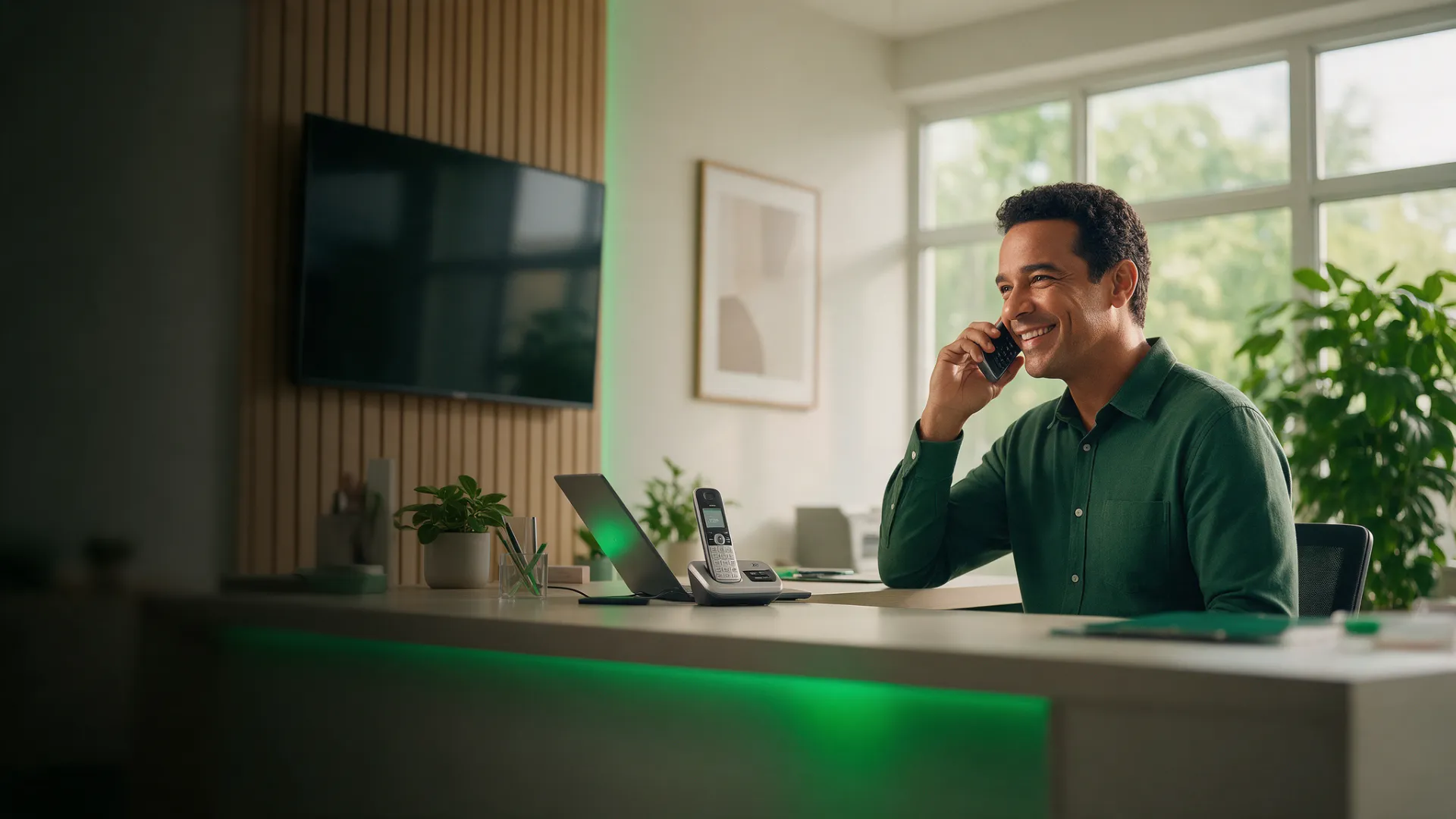 Homem atendendo ligação no telefone fixo da Link Giga na recepção da empresa