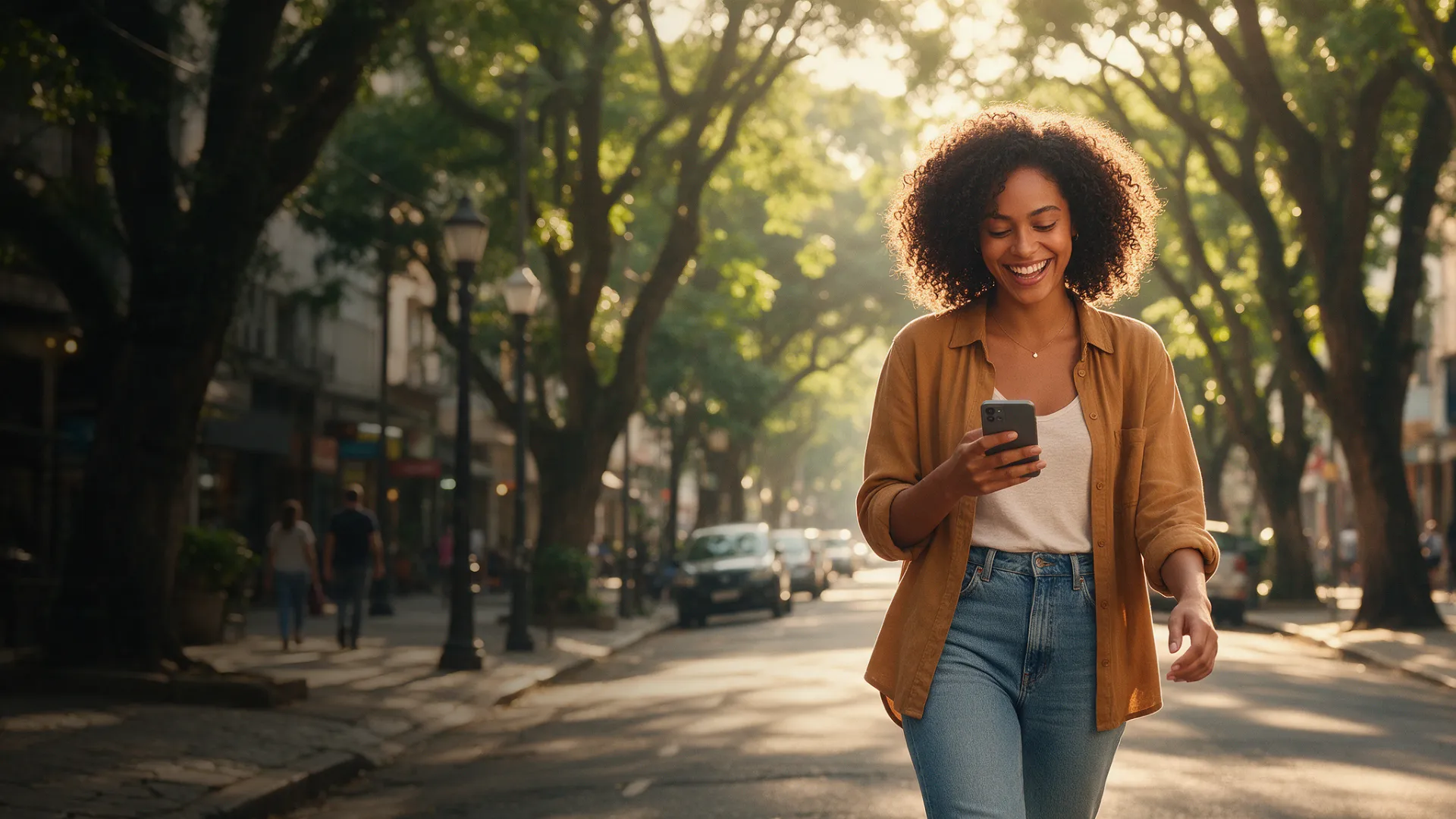 Mulher caminhando na rua usando o celular com plano de telefonia móvel Link Giga